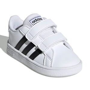 Adidas Kids Grand Court I White and Black Strip Velcro Sneakers